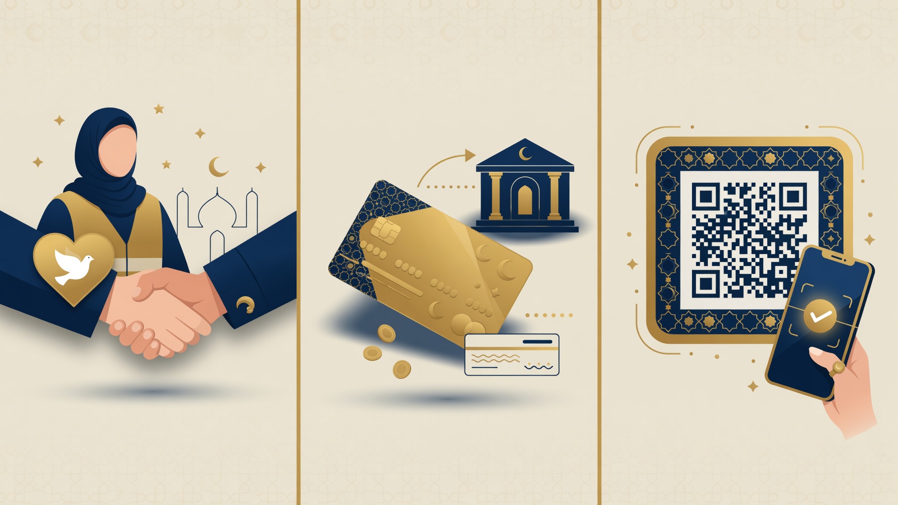 Ilustrasi cara berdonasi: VR, transfer bank, QRIS